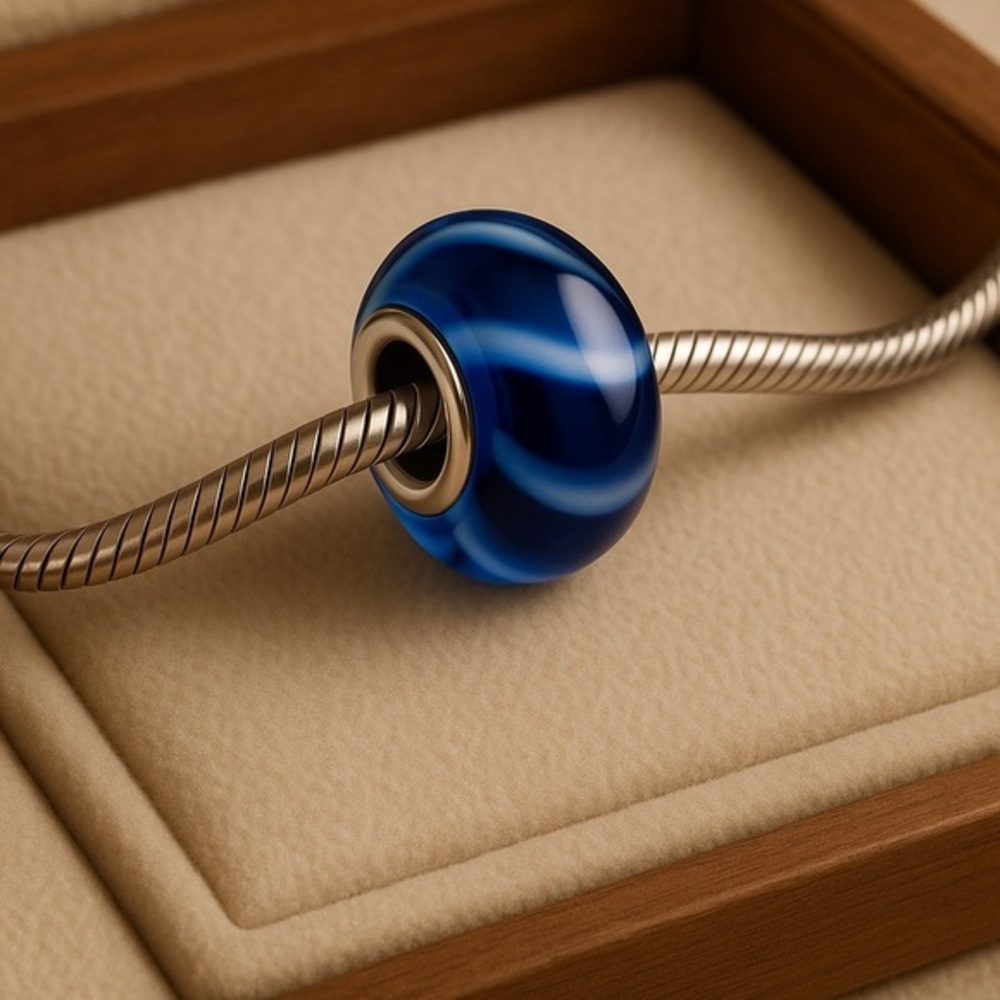 Trollbeads Blue Stripe Blue White Bead Charm .925 EUC #211